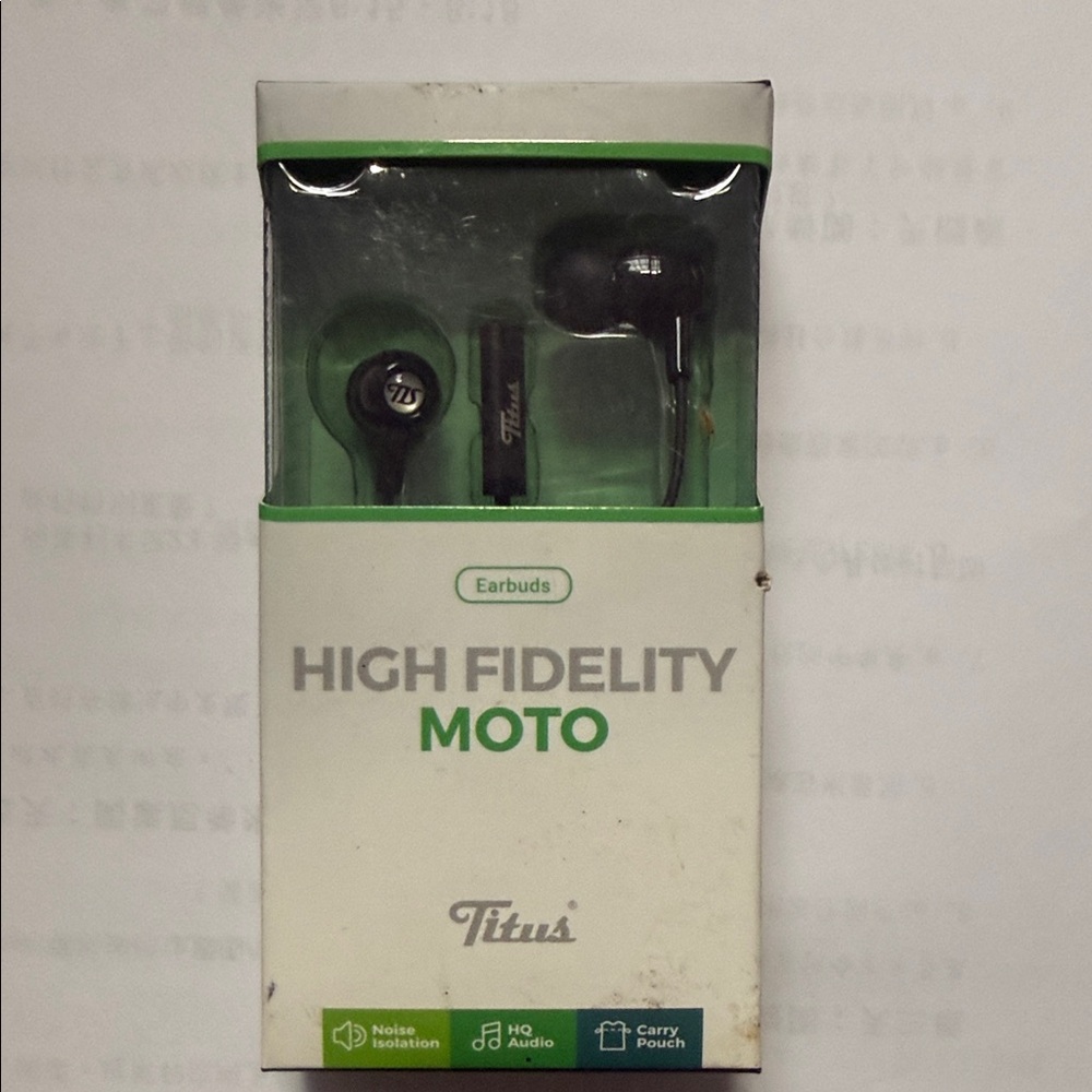 Titus High Fidelity Moto Earbuds - Black and Green Packaging
